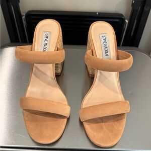Steve Madden Tan Suede Double-Strap Woven Block Heel Sandals